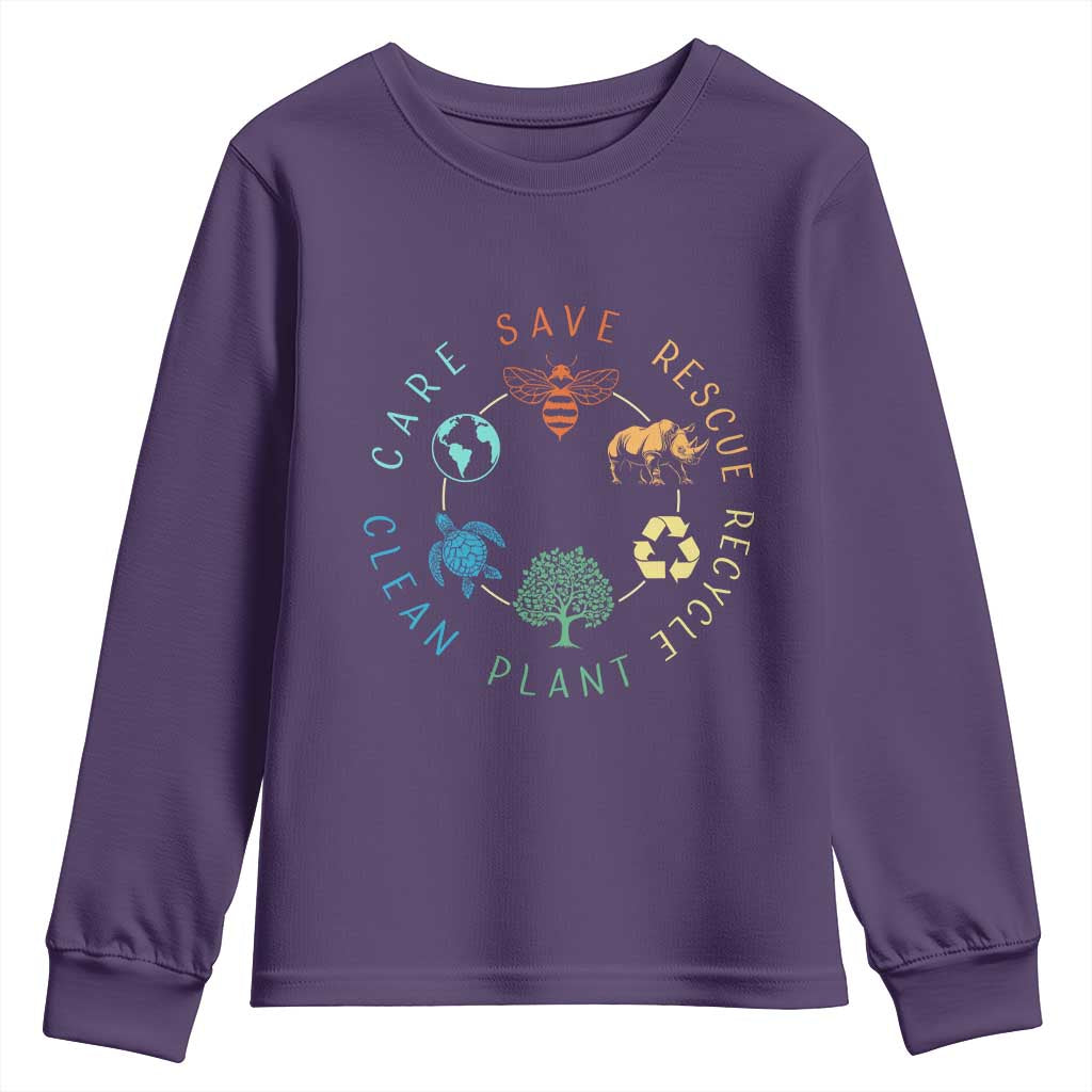 Save Bees Rescue Animals Recycle Plastic Youth Sweatshirt Earth Day Protect The Environment TS02 Purple Print Your Wear