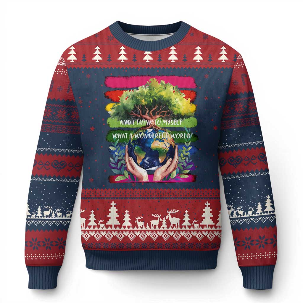 Earth Day Ugly Christmas Sweater And I Think To Myself What A Wonderful World Rainbow TS02 Navy Red Print Your Wear