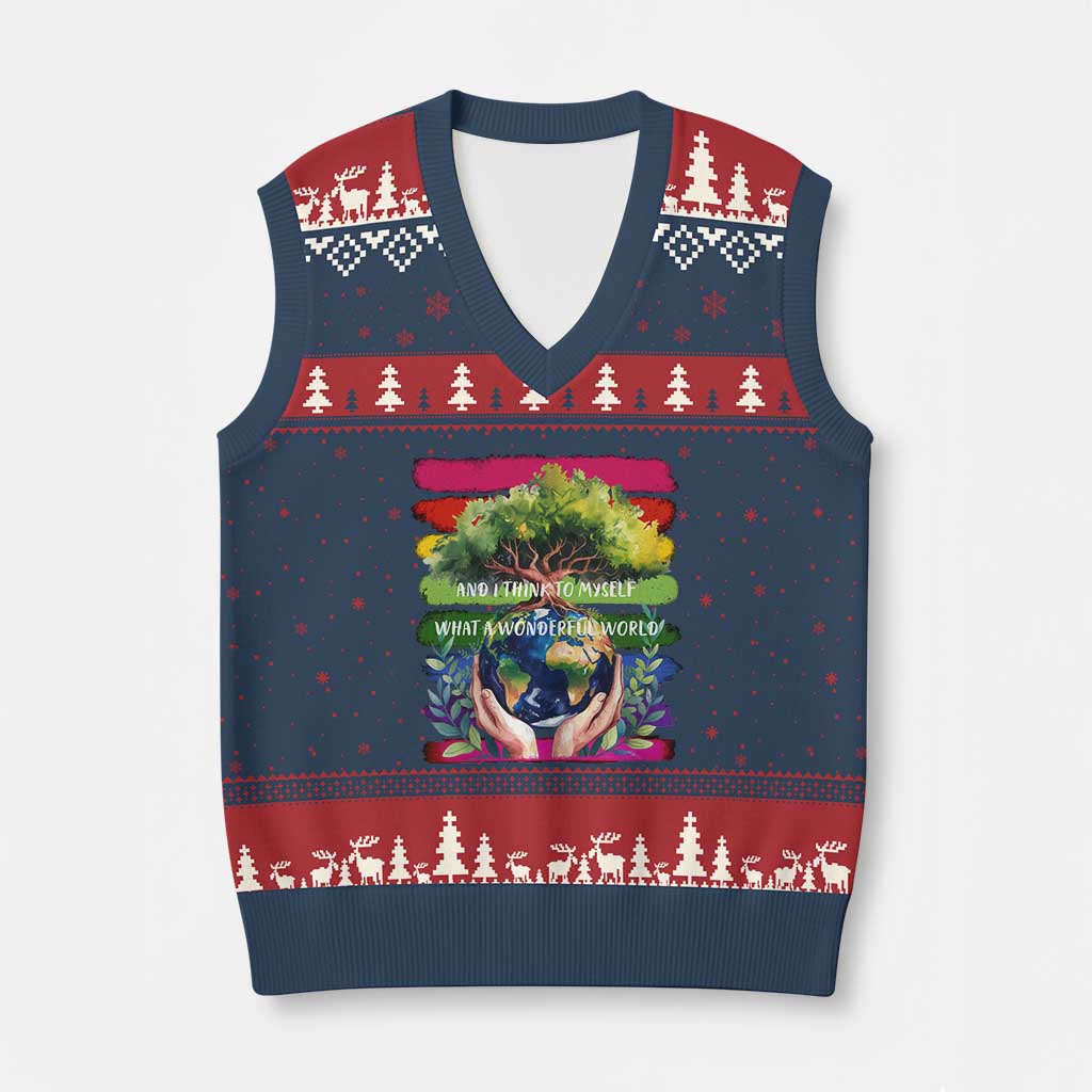 Earth Day V-Neck Knit Sweater Vest And I Think To Myself What A Wonderful World Rainbow TS02 Navy Red Print Your Wear