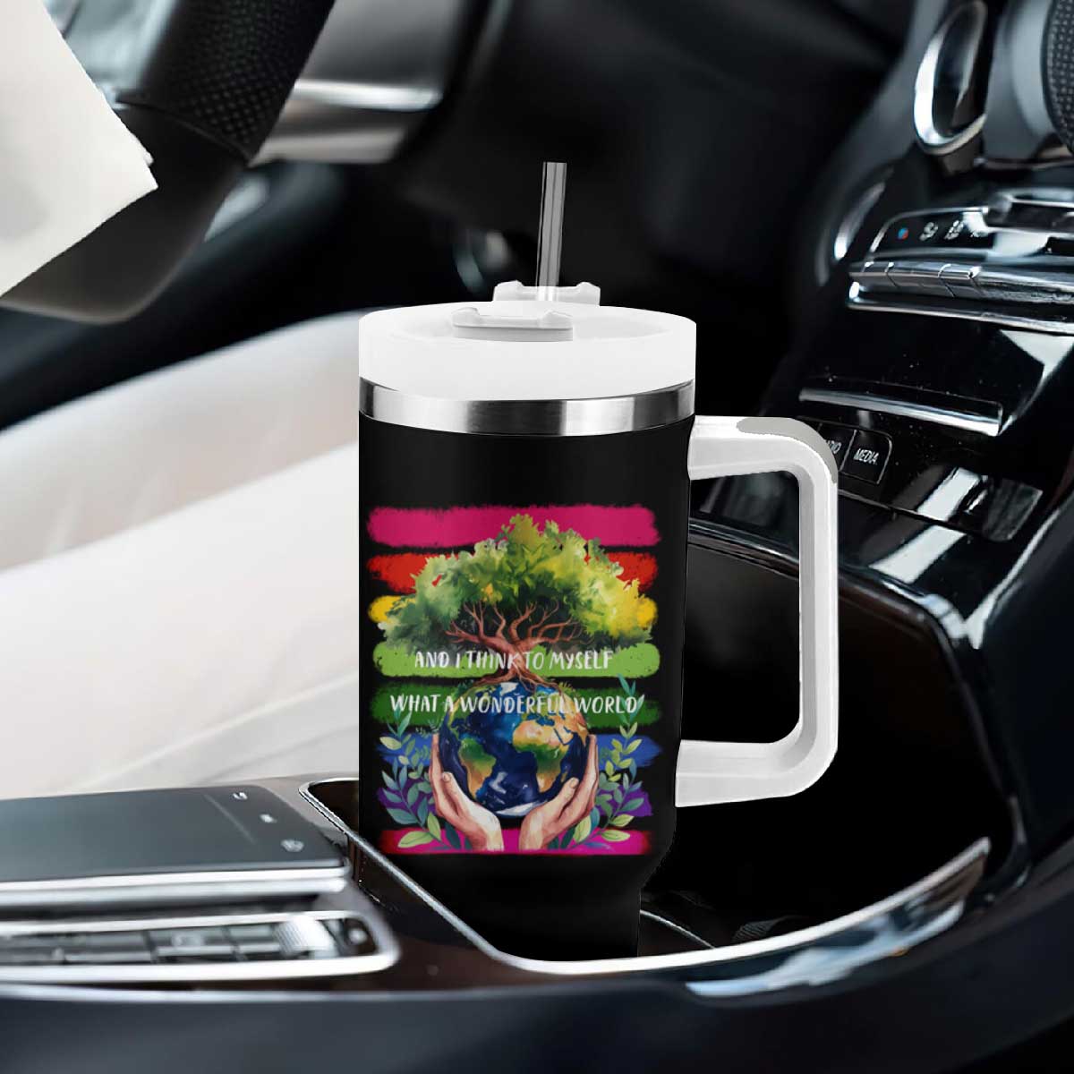 Earth Day Tumbler With Handle And I Think To Myself What A Wonderful World Rainbow TS02 Print Your Wear