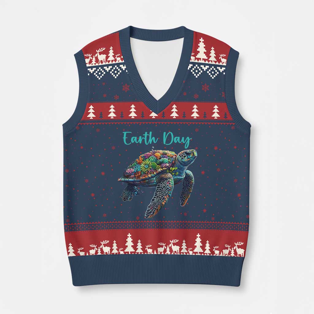Sea Turtle Earth Day V-Neck Knit Sweater Vest Save The Earth TS02 Navy Red Print Your Wear