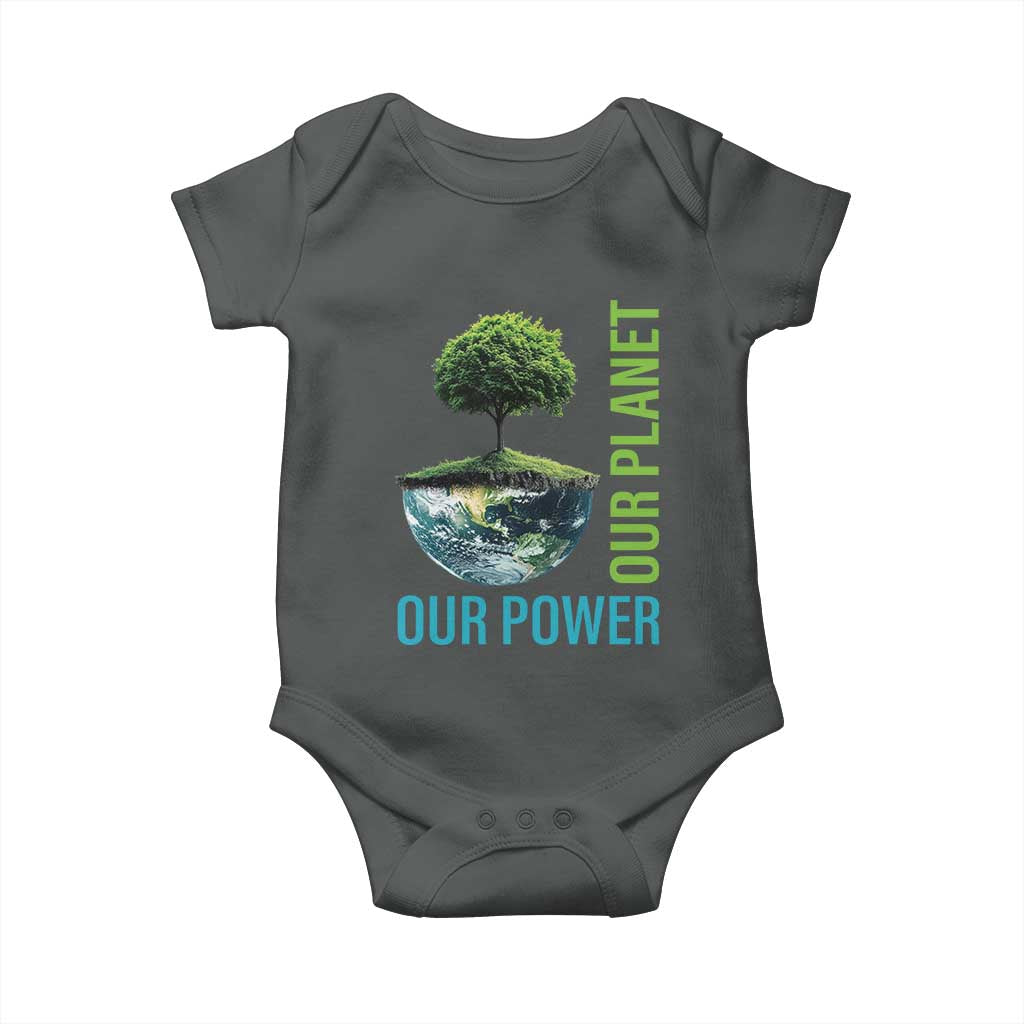 Our Power Our Planet Baby Onesie Earth Day 2025 TS02 Dark Heather Print Your Wear