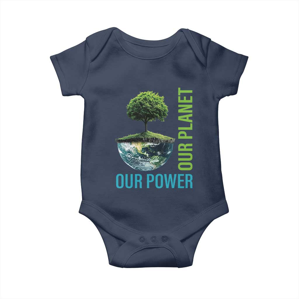 Our Power Our Planet Baby Onesie Earth Day 2025 TS02 Navy Print Your Wear