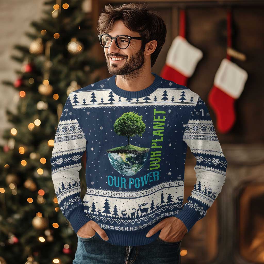 Our Power Our Planet Ugly Christmas Sweater Earth Day 2025 TS02 Navy Beige Print Your Wear