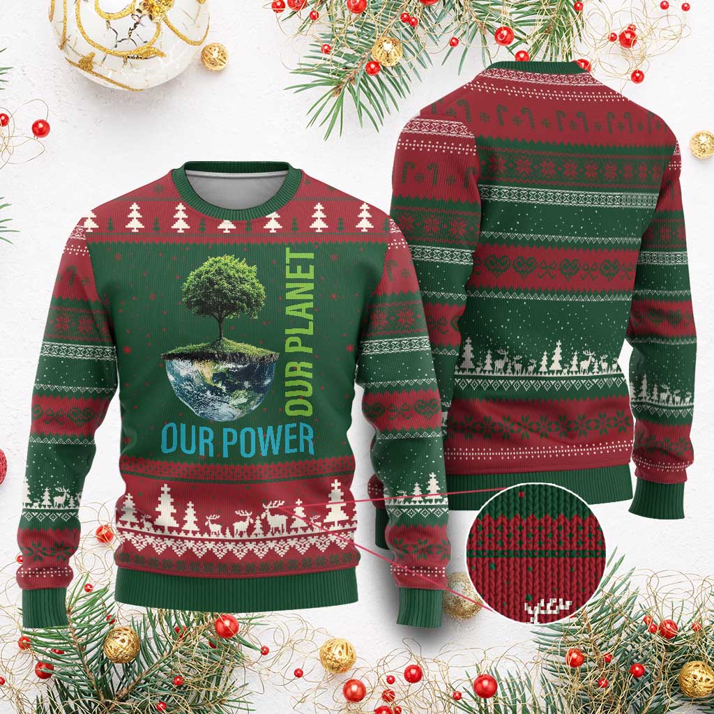 Our Power Our Planet Ugly Christmas Sweater Earth Day 2025 TS02 Red Green Print Your Wear