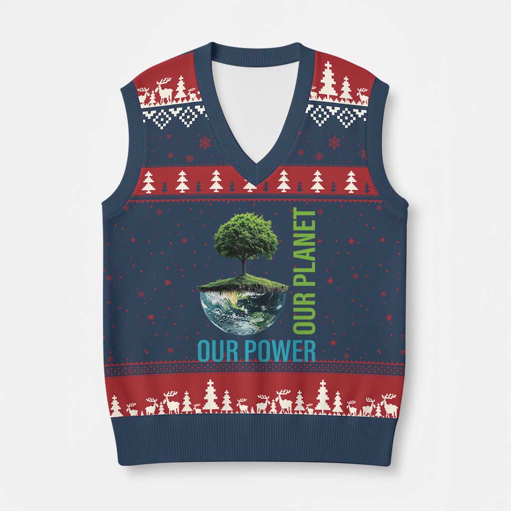 Our Power Our Planet V-Neck Knit Sweater Vest Earth Day 2025 TS02 Navy Red Print Your Wear