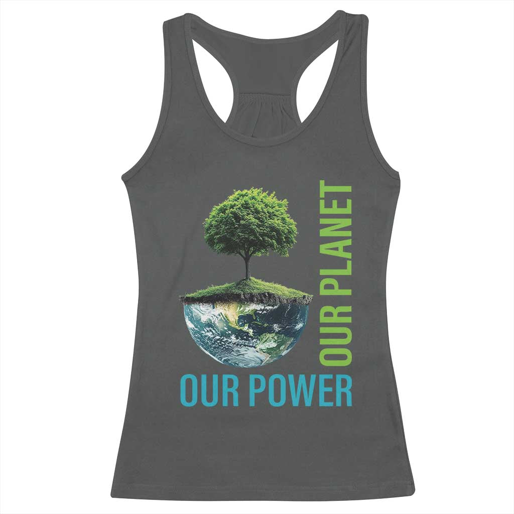 Our Power Our Planet Racerback Tank Top Earth Day 2025 TS02 Dark Heather Print Your Wear