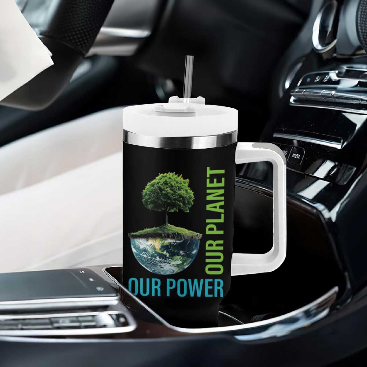 Our Power Our Planet Tumbler With Handle Earth Day 2025 TS02 Print Your Wear