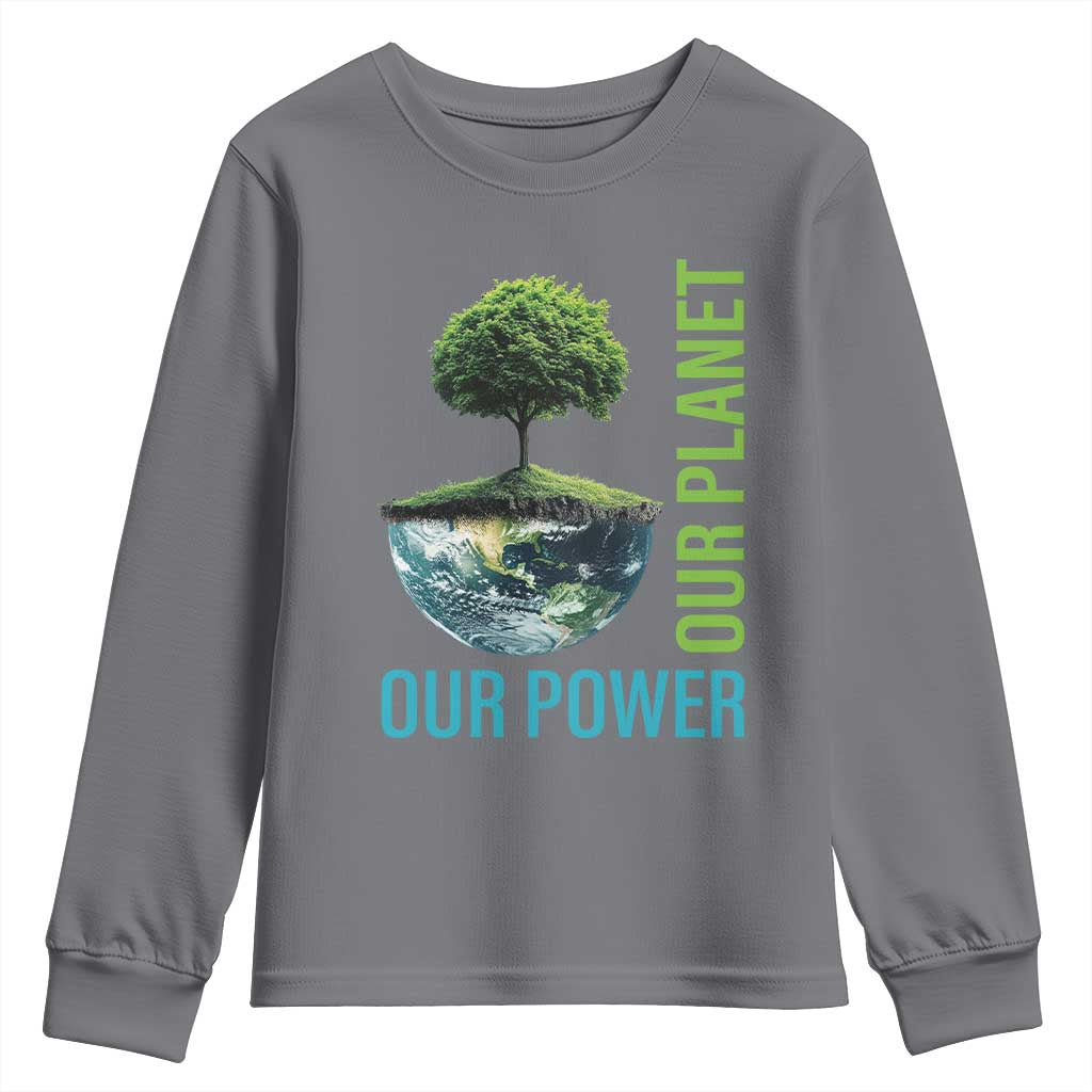 Our Power Our Planet Youth Sweatshirt Earth Day 2025 TS02 Charcoal Print Your Wear