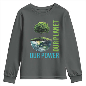 Our Power Our Planet Youth Sweatshirt Earth Day 2025 TS02 Dark Heather Print Your Wear