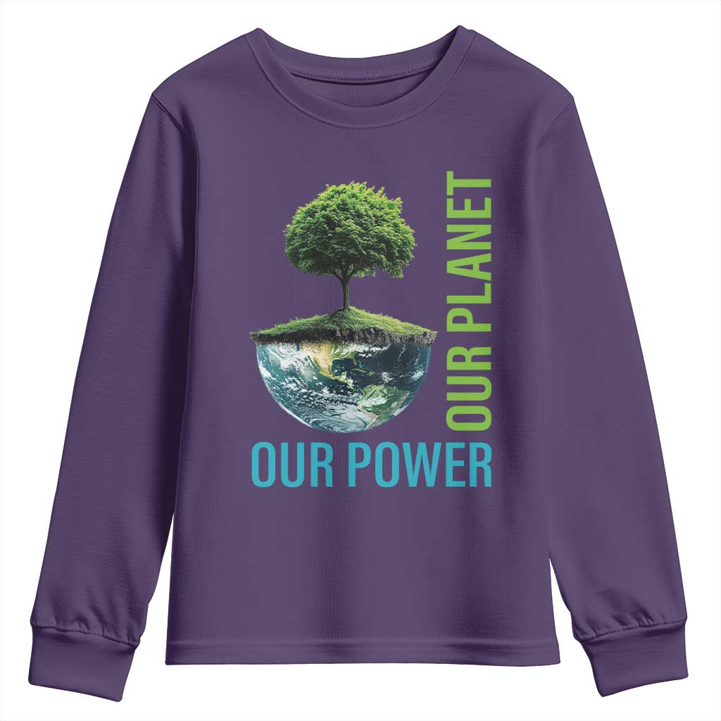 Our Power Our Planet Youth Sweatshirt Earth Day 2025 TS02 Purple Print Your Wear