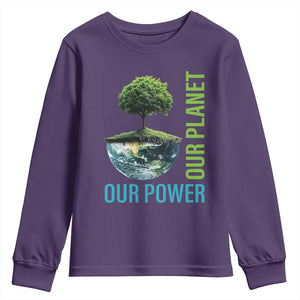 Our Power Our Planet Youth Sweatshirt Earth Day 2025 TS02 Purple Print Your Wear