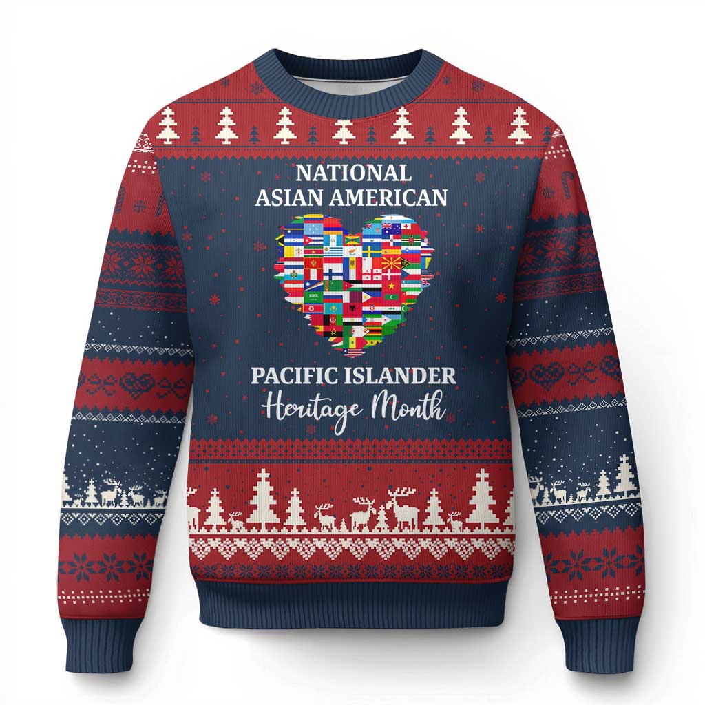 AAPI Heritage Month Ugly Christmas Sweater National Asian American and Pacific Islander Countries Flag Heart TS02 Navy Red Print Your Wear