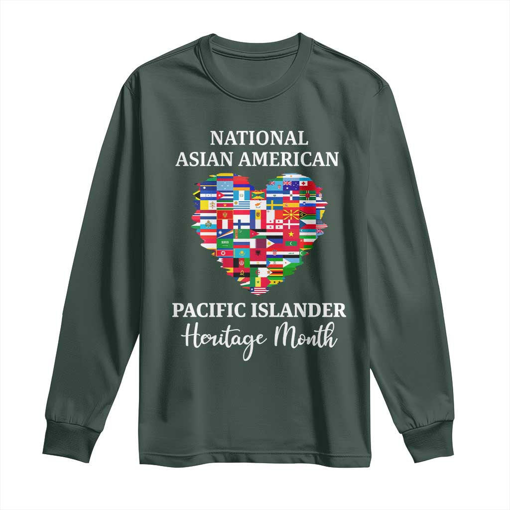 AAPI Heritage Month Long Sleeve Shirt National Asian American and Pacific Islander Countries Flag Heart TS02 Dark Forest Green Print Your Wear