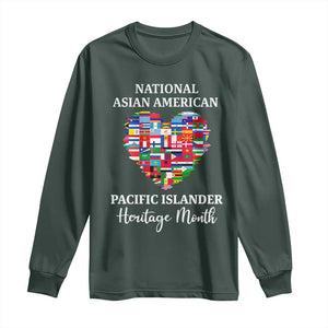AAPI Heritage Month Long Sleeve Shirt National Asian American and Pacific Islander Countries Flag Heart TS02 Dark Forest Green Print Your Wear