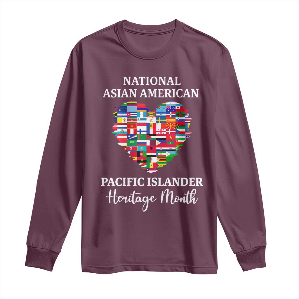 AAPI Heritage Month Long Sleeve Shirt National Asian American and Pacific Islander Countries Flag Heart TS02 Maroon Print Your Wear