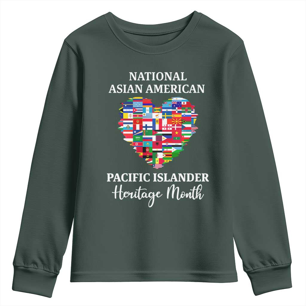 AAPI Heritage Month Youth Sweatshirt National Asian American and Pacific Islander Countries Flag Heart TS02 Dark Forest Green Print Your Wear