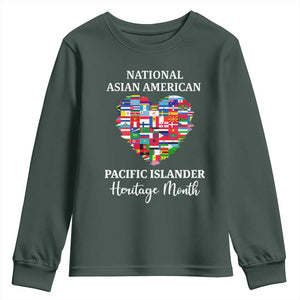 AAPI Heritage Month Youth Sweatshirt National Asian American and Pacific Islander Countries Flag Heart TS02 Dark Forest Green Print Your Wear