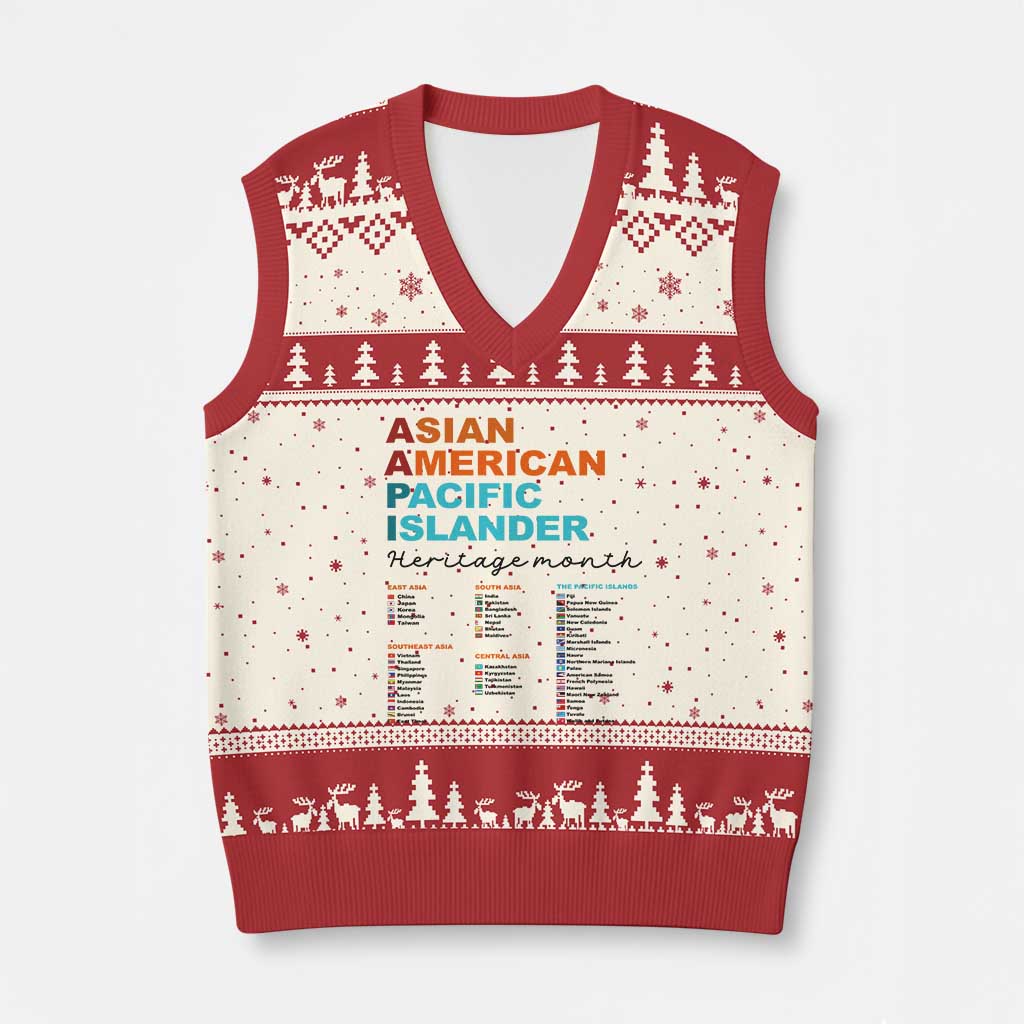 AAPI Heritage Month V-Neck Knit Sweater Vest Asian American and Pacific Islander Countries Pride TS02 Beige Red Print Your Wear