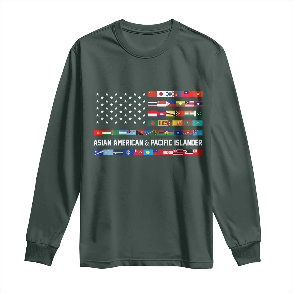 AAPI Heritage Month Long Sleeve Shirt Asian American and Pacific Islander USA Flag TS02 Dark Forest Green Print Your Wear