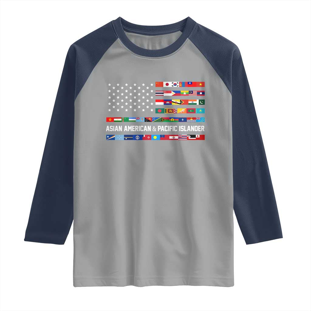 AAPI Heritage Month Raglan Shirt Asian American and Pacific Islander USA Flag TS02 Sport Gray Navy Print Your Wear