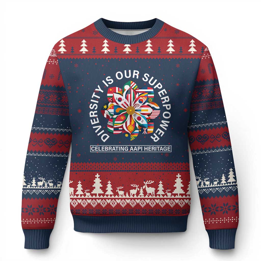 AAPI Heritage Month Ugly Christmas Sweater Diversity Is Our Superpower Asian American and Pacific Islander TS02 Navy Red Print Your Wear