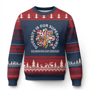 AAPI Heritage Month Ugly Christmas Sweater Diversity Is Our Superpower Asian American and Pacific Islander TS02 Navy Red Print Your Wear