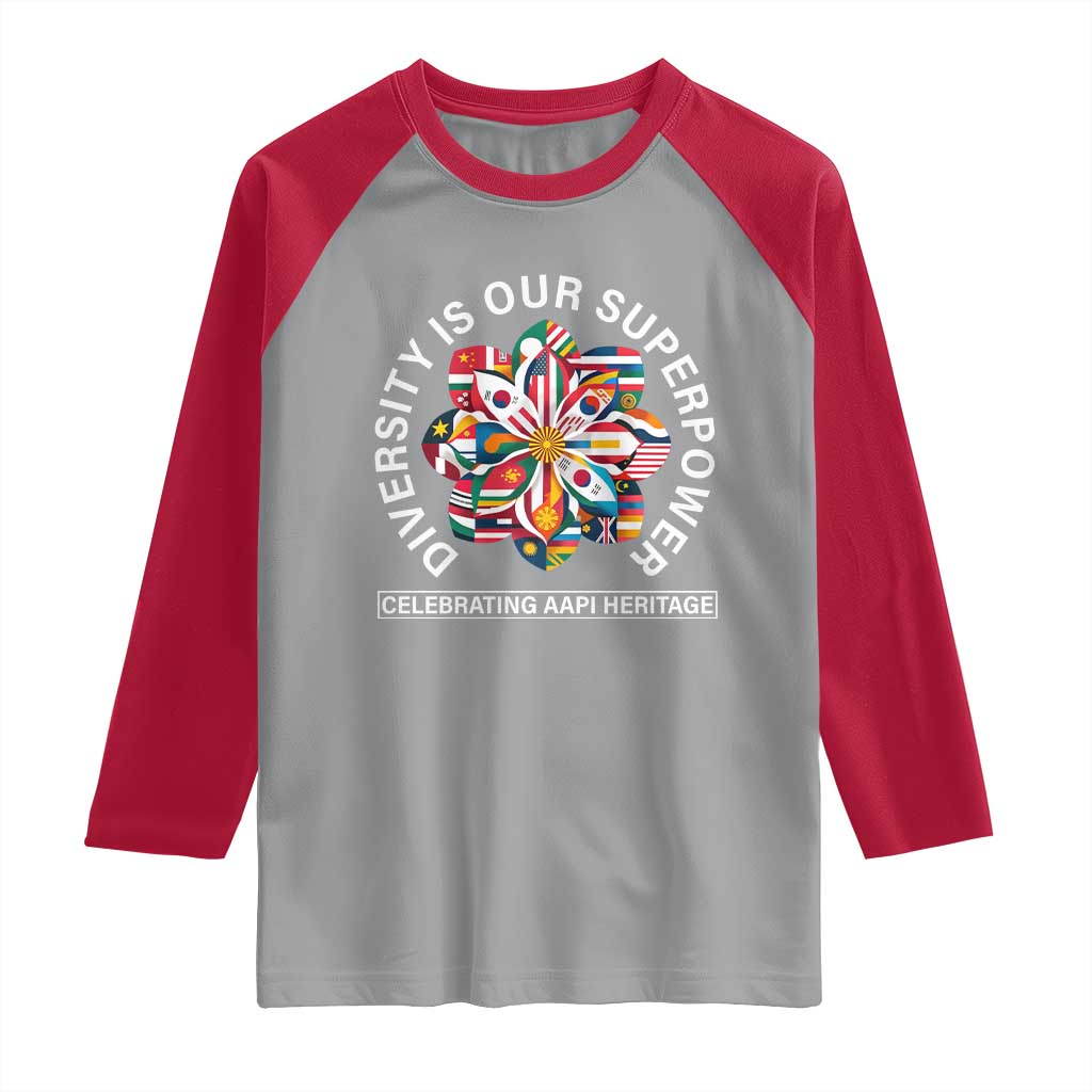 AAPI Heritage Month Raglan Shirt Diversity Is Our Superpower Asian American and Pacific Islander TS02 Sport Gray Red Print Your Wear