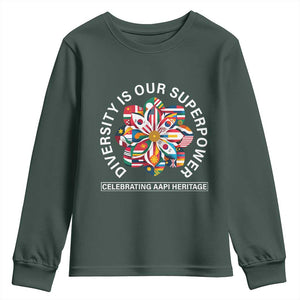AAPI Heritage Month Youth Sweatshirt Diversity Is Our Superpower Asian American and Pacific Islander TS02 Dark Forest Green Print Your Wear