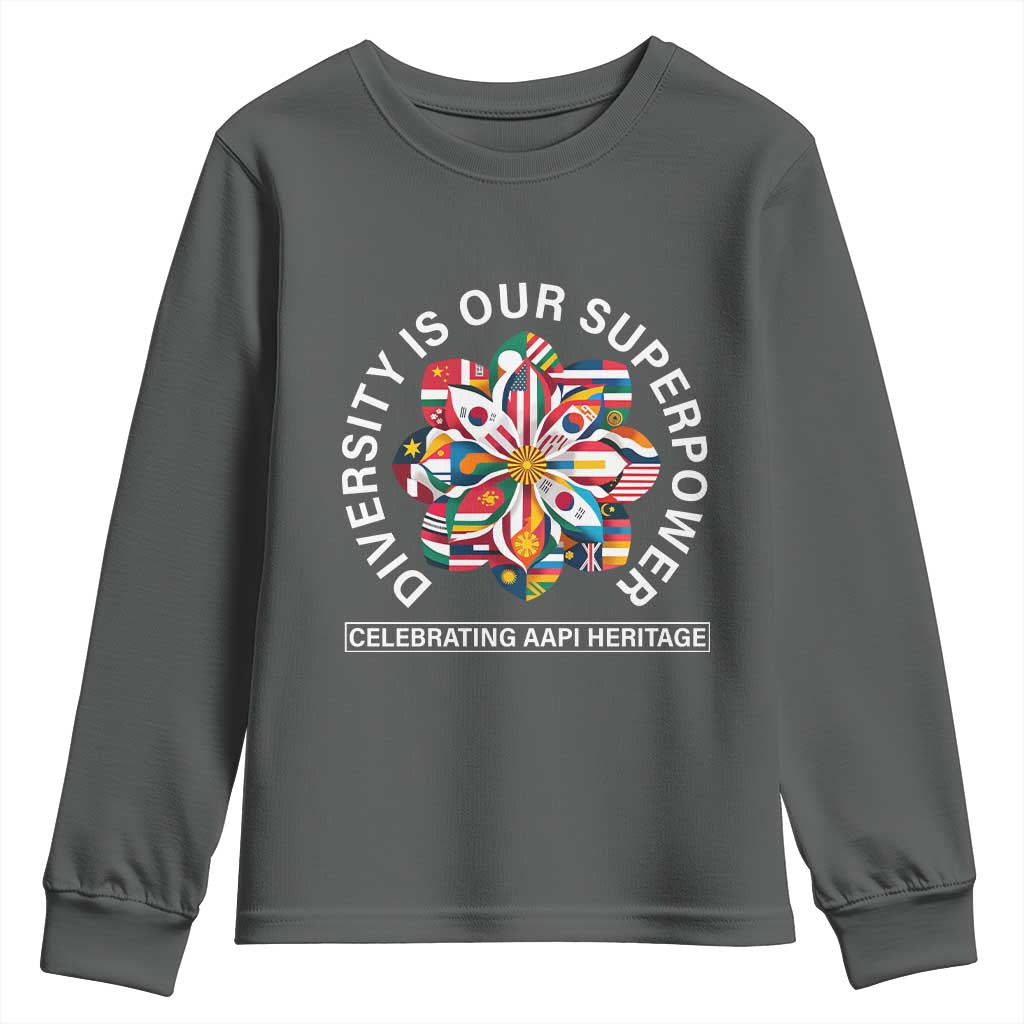 AAPI Heritage Month Youth Sweatshirt Diversity Is Our Superpower Asian American and Pacific Islander TS02 Dark Heather Print Your Wear