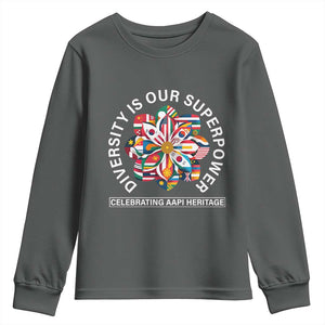 AAPI Heritage Month Youth Sweatshirt Diversity Is Our Superpower Asian American and Pacific Islander TS02 Dark Heather Print Your Wear