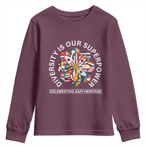 AAPI Heritage Month Youth Sweatshirt Diversity Is Our Superpower Asian American and Pacific Islander TS02 Maroon Print Your Wear