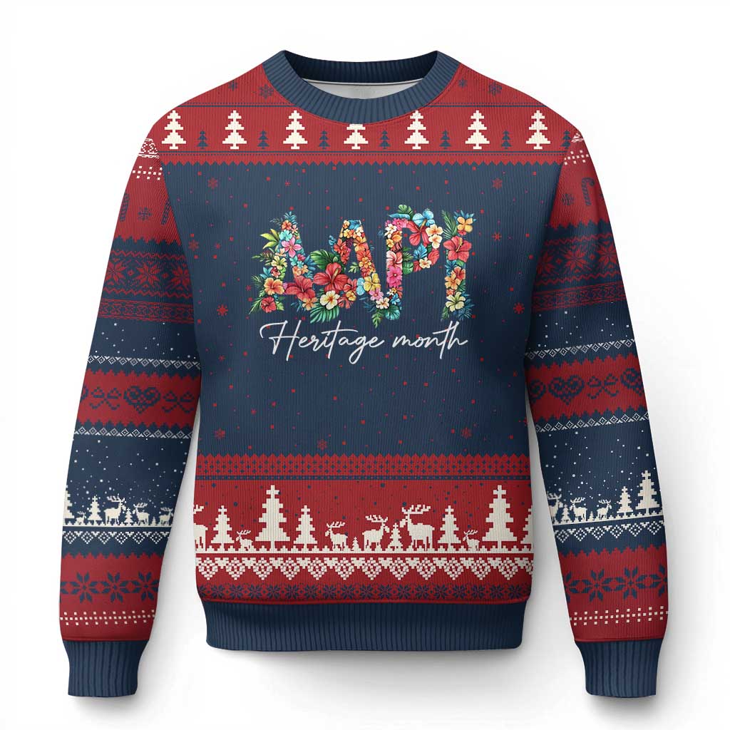 AAPI Heritage Month Ugly Christmas Sweater Retro Elegant Floral Asian American Pacific Islander TS02 Navy Red Print Your Wear