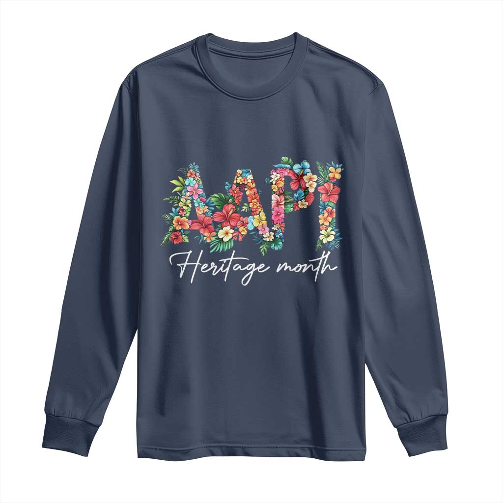 AAPI Heritage Month Long Sleeve Shirt Retro Elegant Floral Asian American Pacific Islander TS02 Navy Print Your Wear