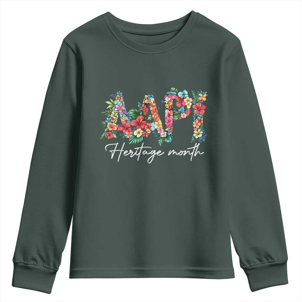 AAPI Heritage Month Youth Sweatshirt Retro Elegant Floral Asian American Pacific Islander TS02 Dark Forest Green Print Your Wear