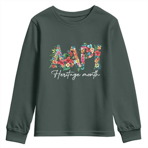AAPI Heritage Month Youth Sweatshirt Retro Elegant Floral Asian American Pacific Islander TS02 Dark Forest Green Print Your Wear