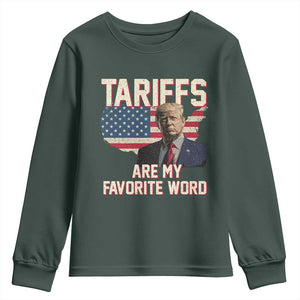 Tariffs Are My Favorite Word Youth Sweatshirt Trump 2025 Patriotic American Flag Map Vintage TS02 Dark Forest Green Print Your Wear