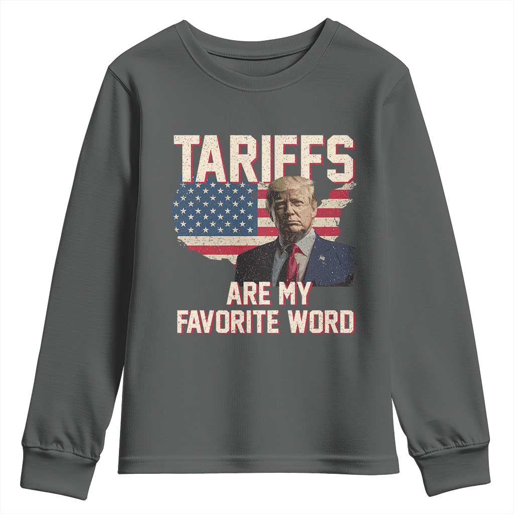 Tariffs Are My Favorite Word Youth Sweatshirt Trump 2025 Patriotic American Flag Map Vintage TS02 Dark Heather Print Your Wear