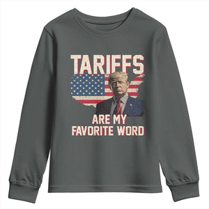 Tariffs Are My Favorite Word Youth Sweatshirt Trump 2025 Patriotic American Flag Map Vintage TS02 Dark Heather Print Your Wear