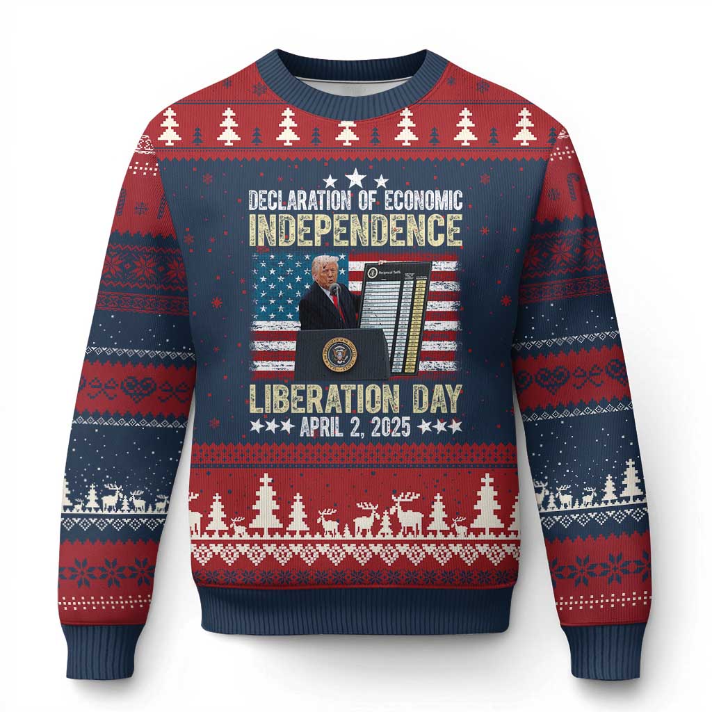 Trump Tariffs Chart Ugly Christmas Sweater Declaration of Economic Independence Liberation Day 2025 TS02 Navy Red Print Your Wear