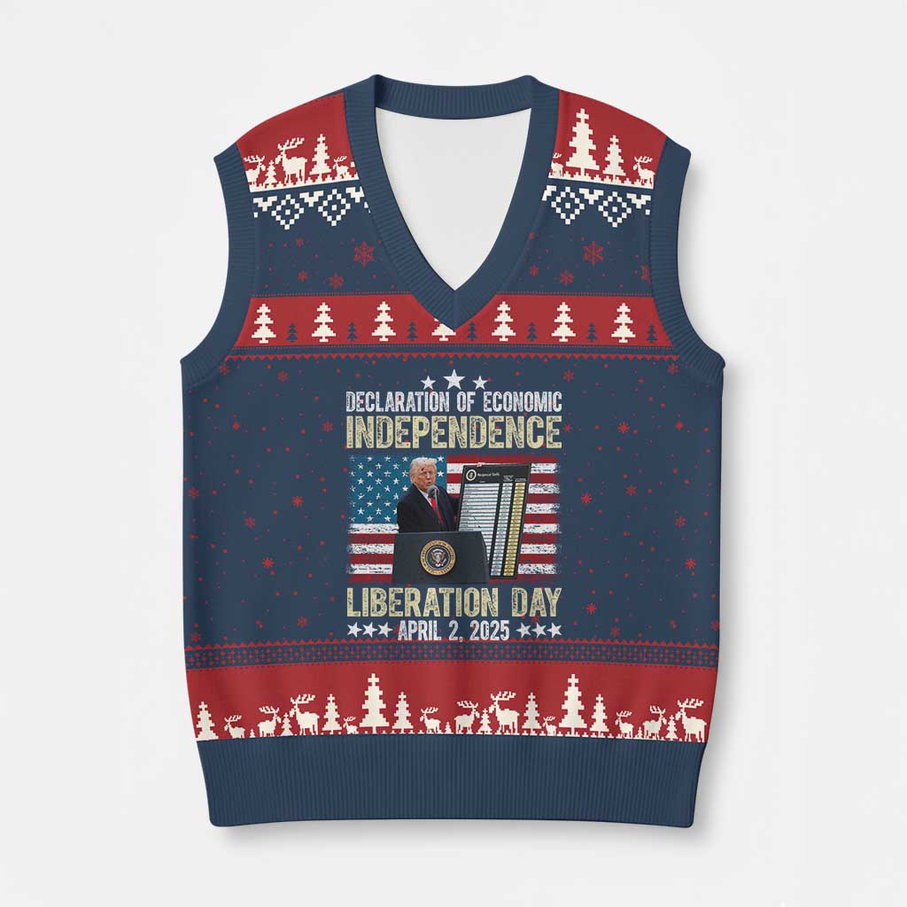 Trump Tariffs Chart V-Neck Knit Sweater Vest Declaration of Economic Independence Liberation Day 2025 TS02 Navy Red Print Your Wear