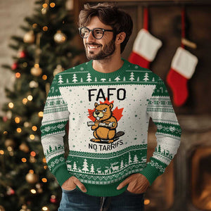 No Tariffs Canada Ugly Christmas Sweater Never 51st State Canadian Beaver TS02 Beige Green Print Your Wear