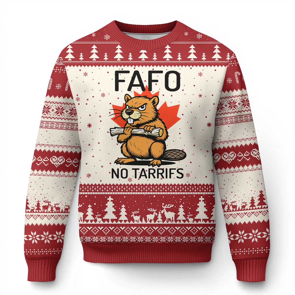 No Tariffs Canada Ugly Christmas Sweater Never 51st State Canadian Beaver TS02 Beige Red Print Your Wear