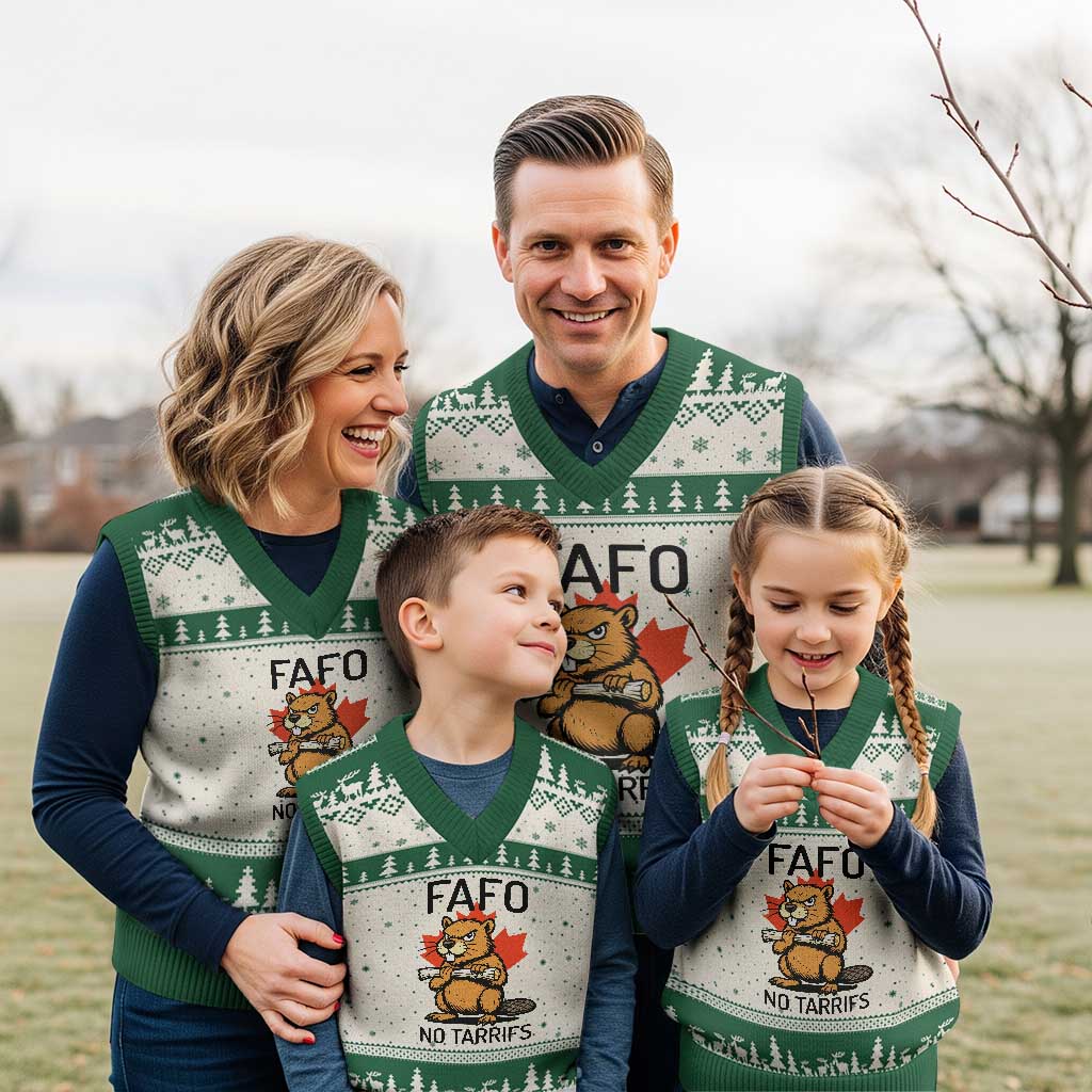 No Tariffs Canada V-Neck Knit Sweater Vest Never 51st State Canadian Beaver TS02 Beige Green Print Your Wear