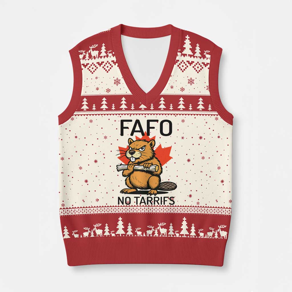 No Tariffs Canada V-Neck Knit Sweater Vest Never 51st State Canadian Beaver TS02 Beige Red Print Your Wear