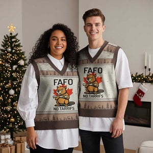 No Tariffs Canada V-Neck Knit Sweater Vest Never 51st State Canadian Beaver TS02 Mocha Mousse Print Your Wear