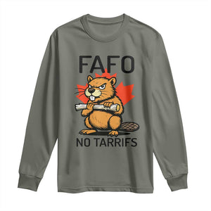 No Tariffs Canada Long Sleeve Shirt Never 51st State Canadian Beaver TS02 Military Green Print Your Wear
