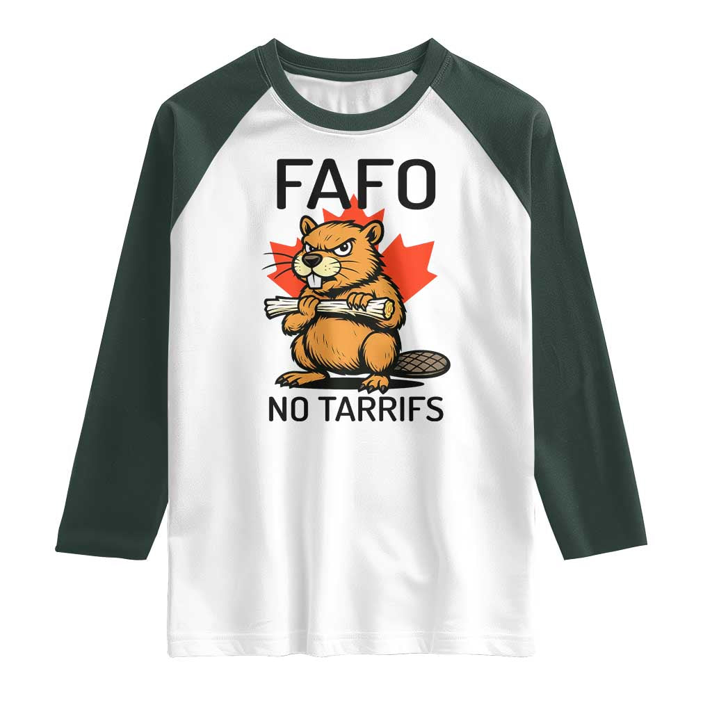 No Tariffs Canada Raglan Shirt Never 51st State Canadian Beaver TS02 White Dark Forest Green Print Your Wear