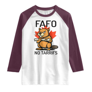 No Tariffs Canada Raglan Shirt Never 51st State Canadian Beaver TS02 White Maroon Print Your Wear