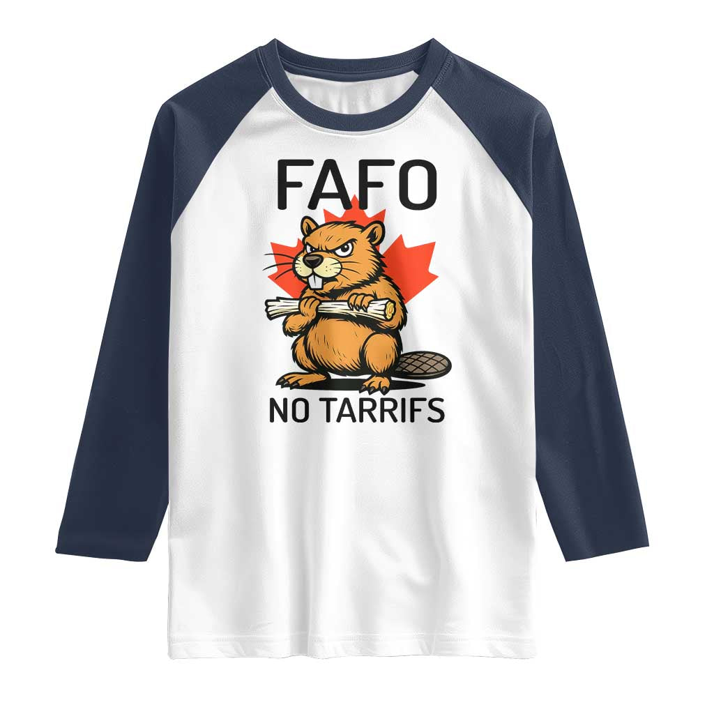 No Tariffs Canada Raglan Shirt Never 51st State Canadian Beaver TS02 White Navy Print Your Wear